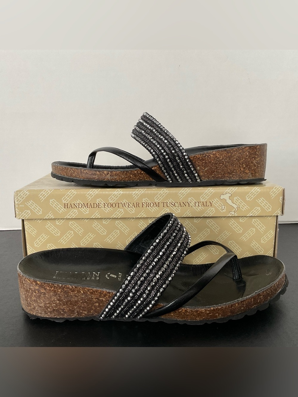 Italian Shoemakers  ‘Sarah’  Black Beaded Cork Wedge Thong Slide Sandals Size 8